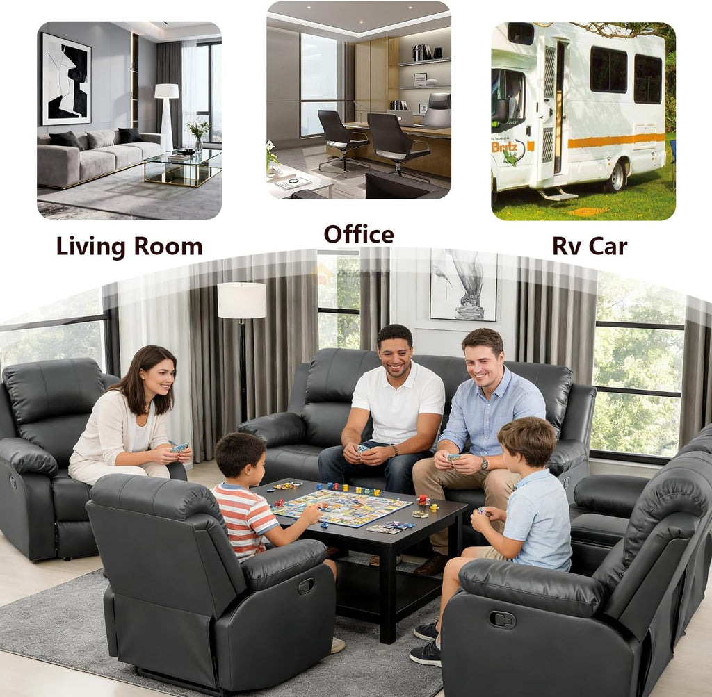 Vegan Leather Black Recliner Sofa Set 3PCS Reclining Couch Set Living Room Furniture Set Manual Reclining Sofas with Cup Holder/Storage Console/Flip down Table for Home/Office (Black,3Pcs Set)