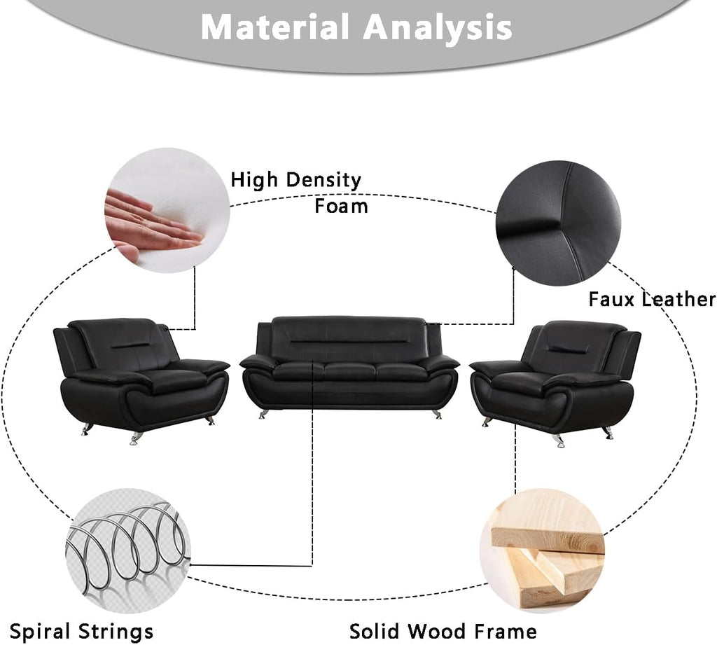 Leather Couches for Living Room, Living Room Couch Set, Sofa for Bedroom, Apartment, Living Room Furniture Sets (B-Leather Black, Sofa+Loveseat)