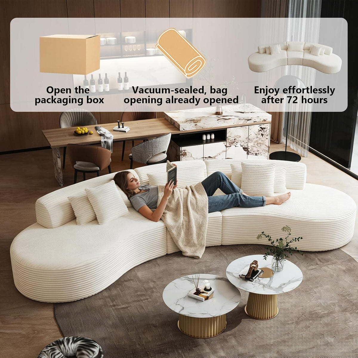 122" Half Moon Oversized Curved Cloud Sectional Sofa, Extra Deep Wide Seat Living Room Couch, Thickened Flannel, 35D High-Resilience Foam, Includes 2 Throw Pillows & 3 Lumbar Pillows（White） (Beige)