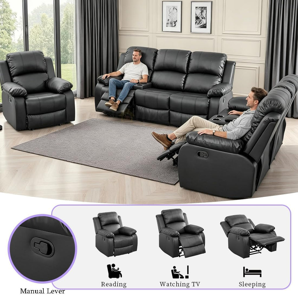 Vegan Leather Black Recliner Sofa Set 3PCS Reclining Couch Set Living Room Furniture Set Manual Reclining Sofas with Cup Holder/Storage Console/Flip down Table for Home/Office (Black,3Pcs Set)