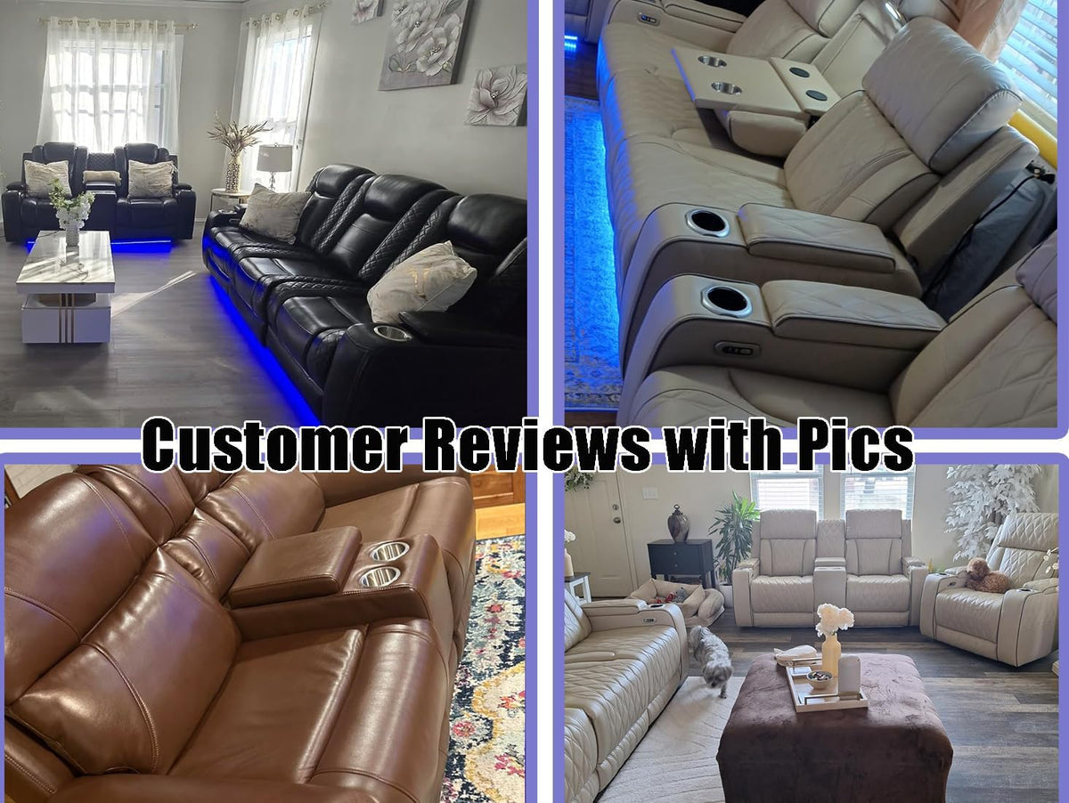 Living Room Furniture Set,3Pcs Power Recliner Sofa Light Grey Breathing Leather Sofa Loveseat and Chair with 5 Recliner Seats/Storage Console/Cup Holder/Led Light/Usb Port for Apartment,Office