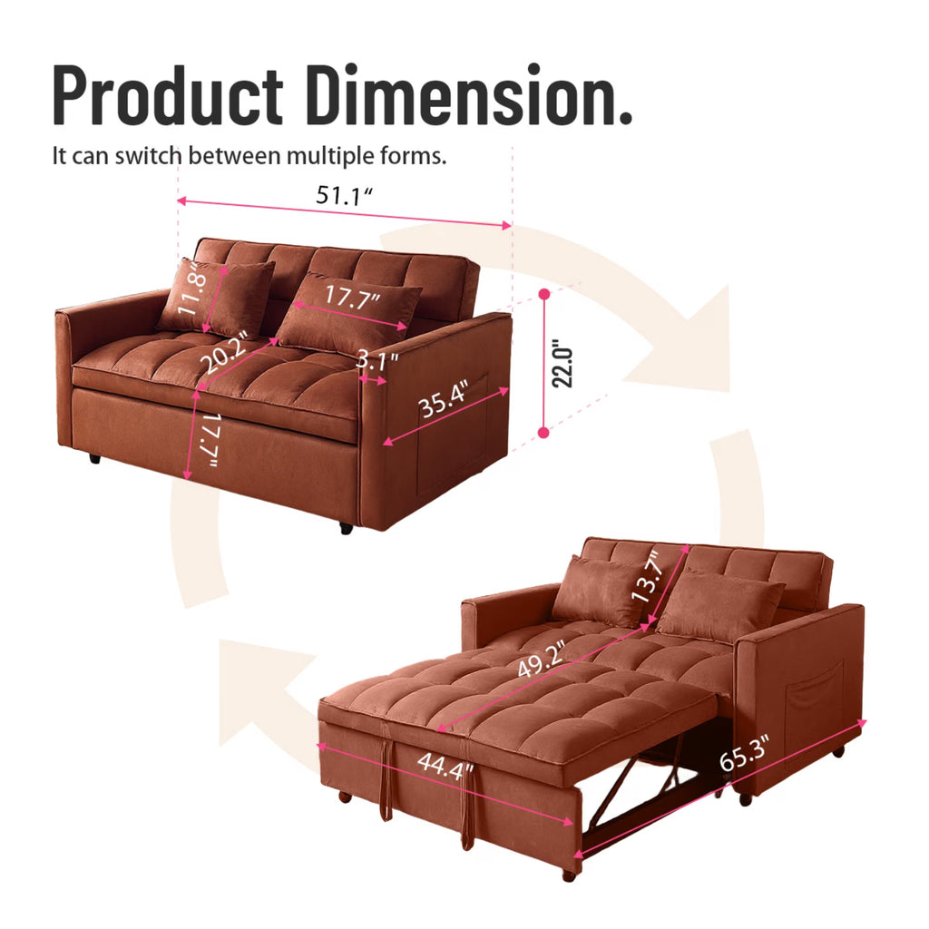 51.1 Inch Convertible Sofa Bed,Velvet Loveseat Sofa with Foldable Sofa Bed,Sleeper Sofa for Living Room or Office,Futon Sofa with Adjustable Backrest.Caramel Color