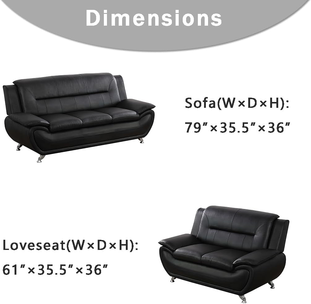 Leather Couches for Living Room, Living Room Couch Set, Sofa for Bedroom, Apartment, Living Room Furniture Sets (B-Leather Black, Sofa+Loveseat)