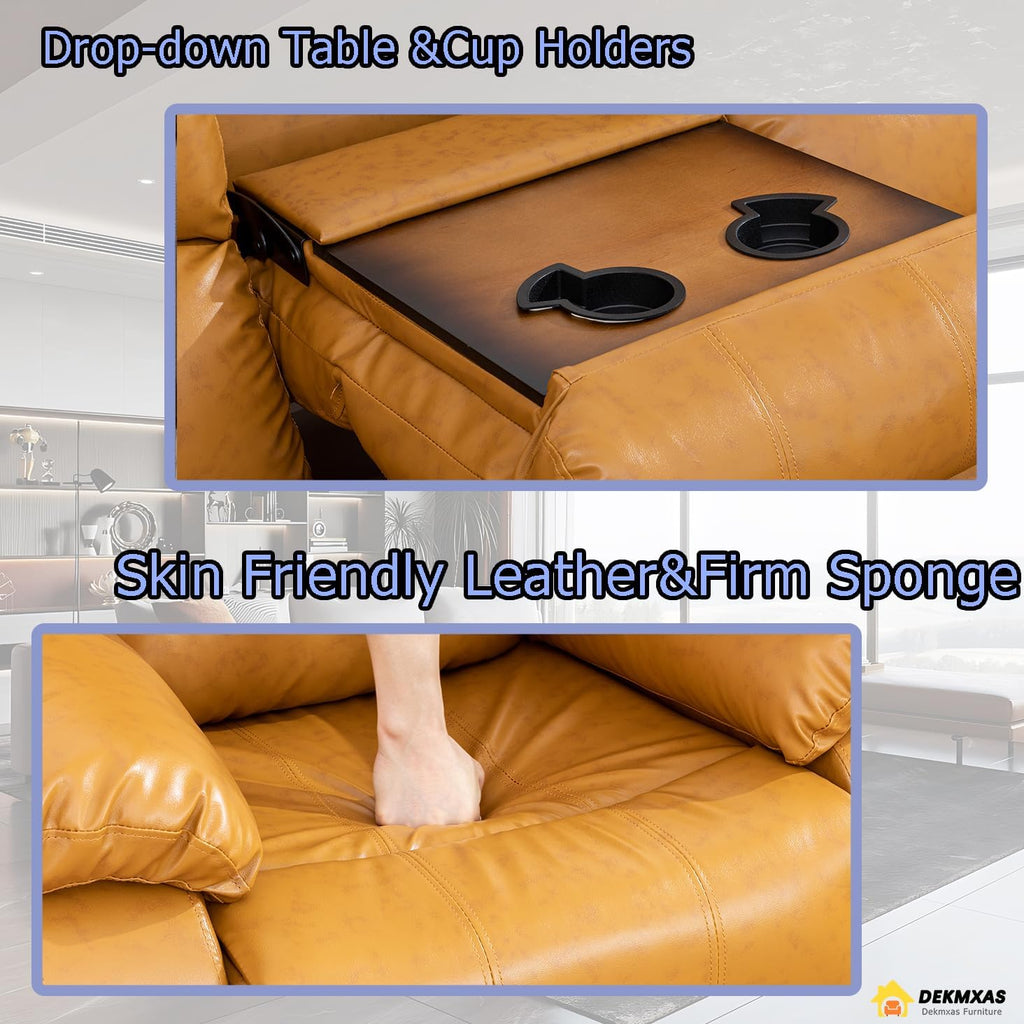 Manual Recliner Sofa Set Vegan Leather Reclining Sofa Set Living Room Furniture Sets Loveseat Couch Chair Set with Cup Holders/Storage Console/Drop down Table for Home/Office (Ginger,3Pcs Set)