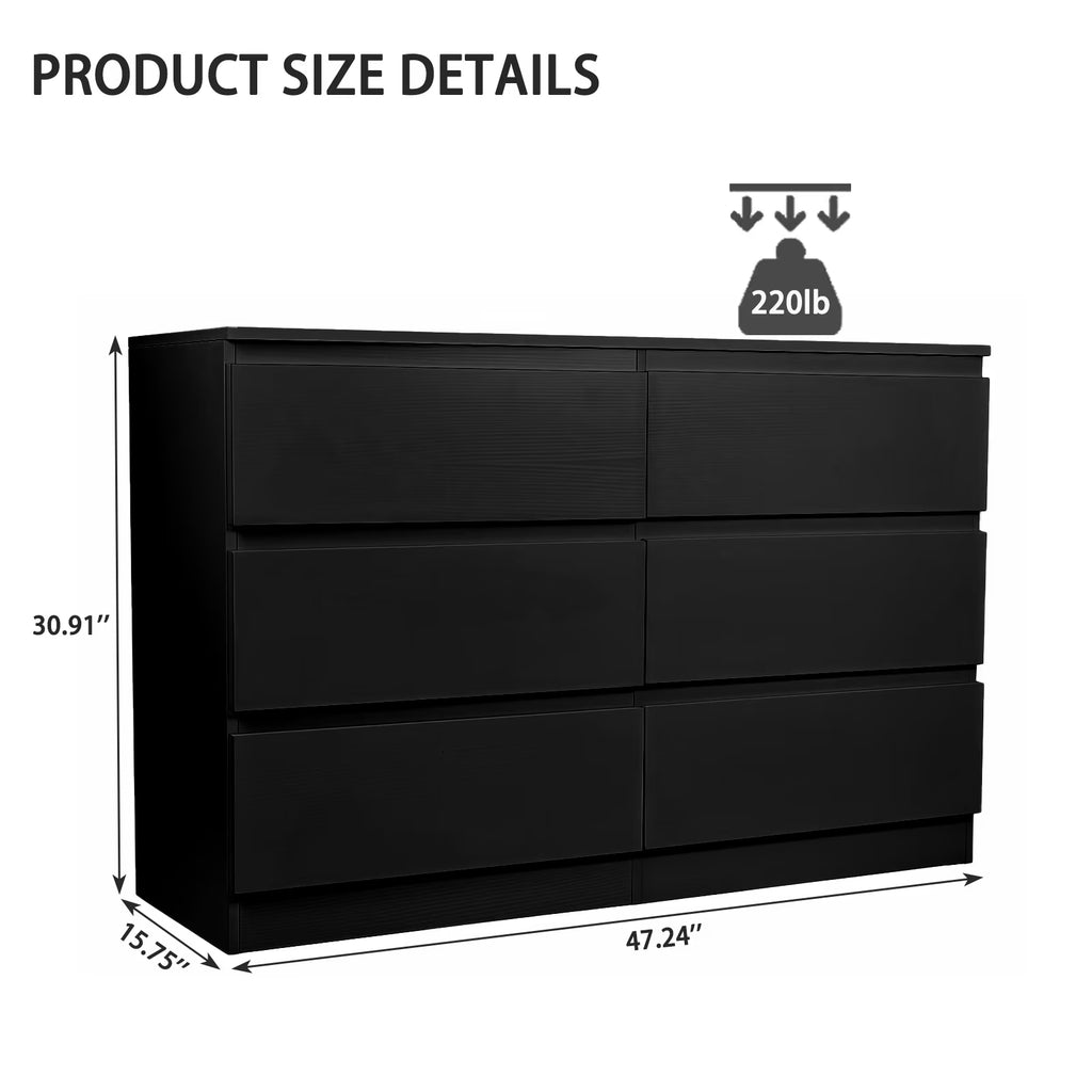 6 Drawer Black Accent Cabinet, Push to Open Dresser for Bedroom Living Room