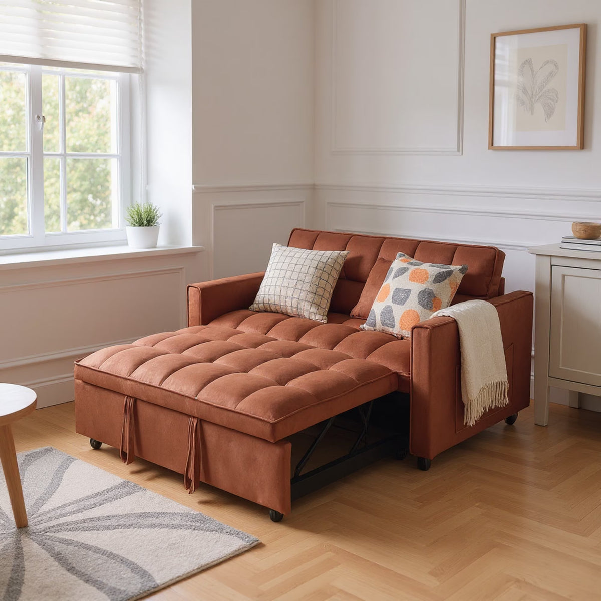 51.1 Inch Convertible Sofa Bed,Velvet Loveseat Sofa with Foldable Sofa Bed,Sleeper Sofa for Living Room or Office,Futon Sofa with Adjustable Backrest.Caramel Color
