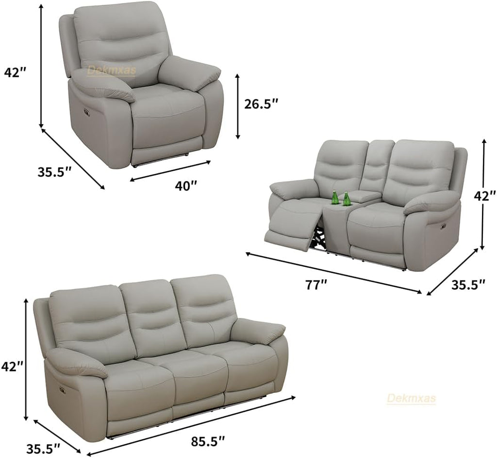 Living Room Furniture Set,3Pcs Power Recliner Sofa Light Grey Breathing Leather Sofa Loveseat and Chair with 5 Recliner Seats/Storage Console/Cup Holder/Led Light/Usb Port for Apartment,Office