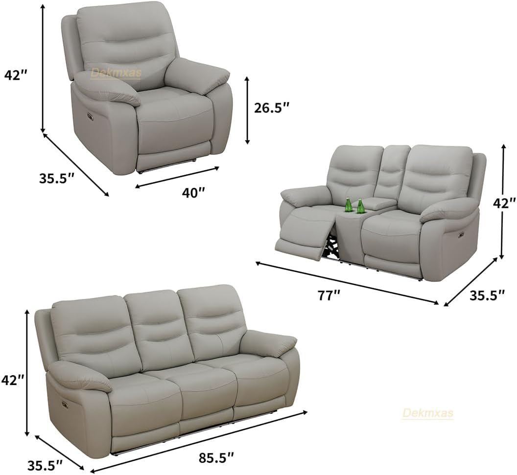 Living Room Furniture Set,3Pcs Power Recliner Sofa Light Grey Breathing Leather Sofa Loveseat and Chair with 5 Recliner Seats/Storage Console/Cup Holder/Led Light/Usb Port for Apartment,Office