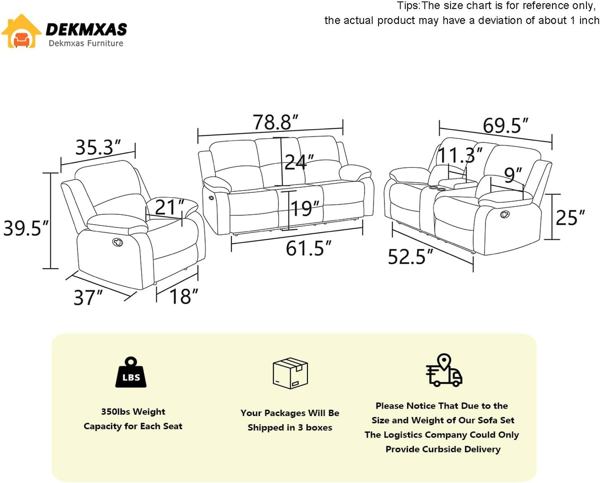 Manual Reclining Sofa 3 Seater Recliner Sofa Couch Living Room Furniture Modern Leather Reclining Sofa with Cup Holders & Flip-Down Table for Living Room/Office/Rv Car (Ginger, 3 Seater Sofa)