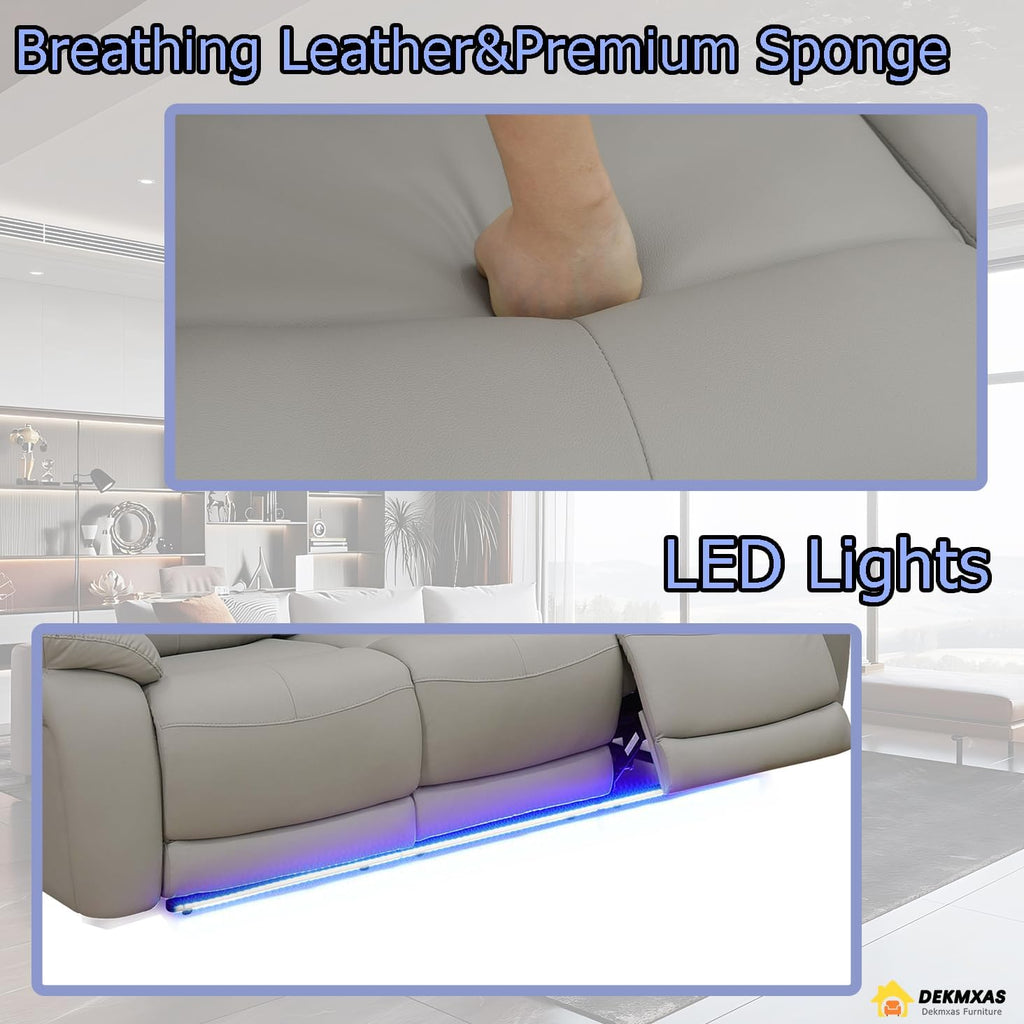 Living Room Furniture Set,3Pcs Power Recliner Sofa Light Grey Breathing Leather Sofa Loveseat and Chair with 5 Recliner Seats/Storage Console/Cup Holder/Led Light/Usb Port for Apartment,Office