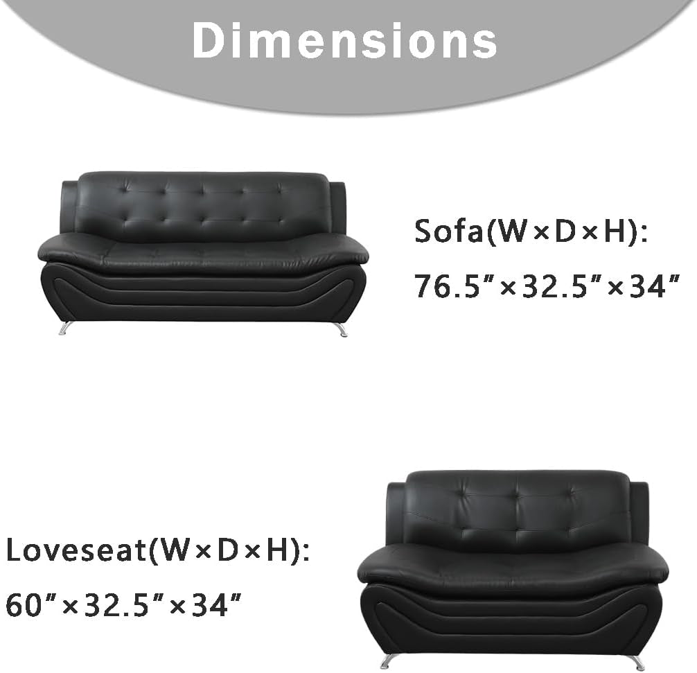 Leather Couches for Living Room, Living Room Couch Set, Sofa for Bedroom, Apartment, Living Room Furniture Sets (A-Leather Black, Sofa+Loveseat)