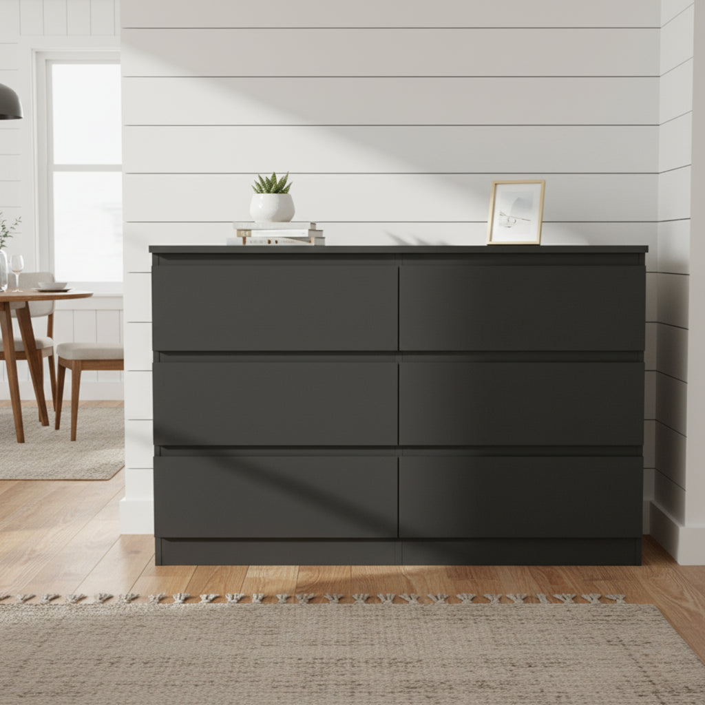 6 Drawer Black Accent Cabinet, Push to Open Dresser for Bedroom Living Room