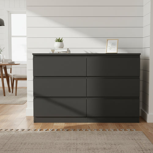 6 Drawer Black Accent Cabinet, Push to Open Dresser for Bedroom Living Room