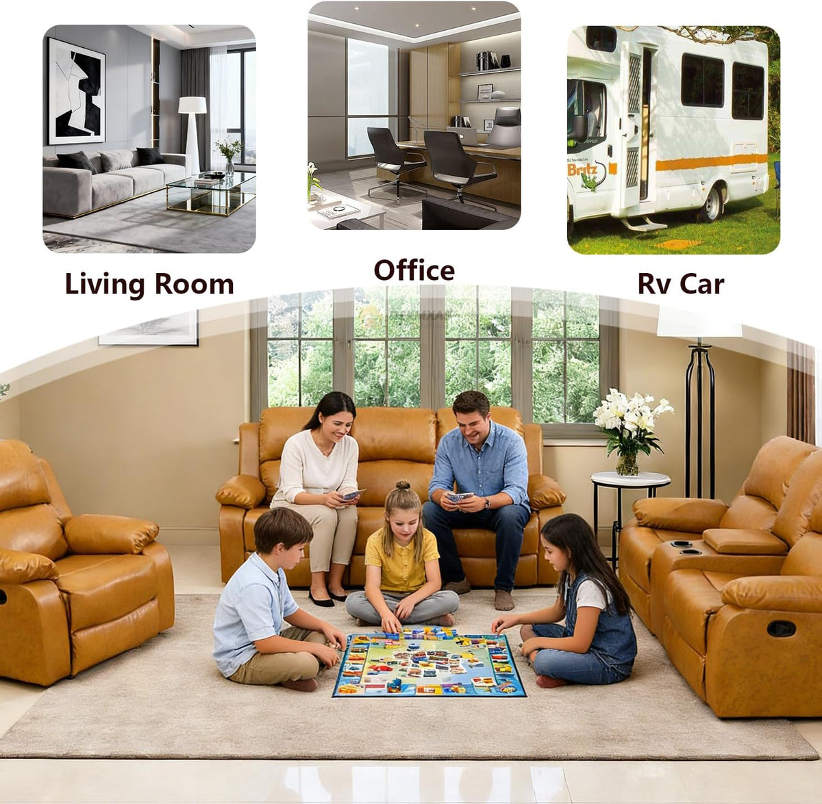 Manual Recliner Sofa Set Vegan Leather Reclining Sofa Set Living Room Furniture Sets Loveseat Couch Chair Set with Cup Holders/Storage Console/Drop down Table for Home/Office (Ginger,3Pcs Set)