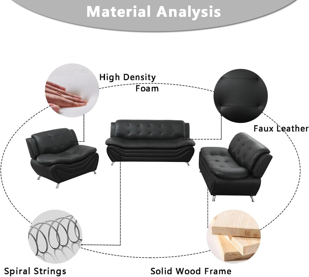 Leather Couches for Living Room, Living Room Couch Set, Sofa for Bedroom, Apartment, Living Room Furniture Sets (A-Leather Black, Sofa+Loveseat)
