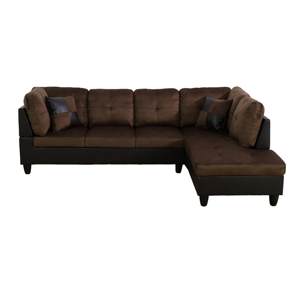 Lint & PVC L-Shaped Sectional Couch and Sofa Set, Modern Living Room Furniture Set, Right Side, Brown