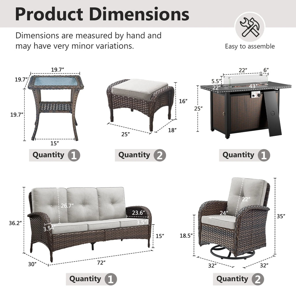 7 Piece Outdoor Patio Furniture Set, Patio Furniture Set with Fire Pit Table Rattan Wicker Patio Furniture Set, Brown Wicker & Beige Cushion