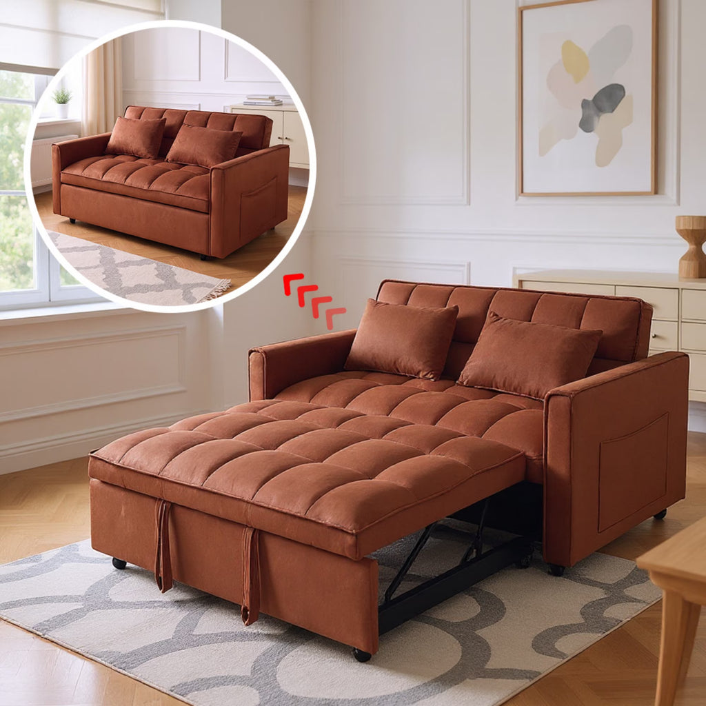 51.1 Inch Convertible Sofa Bed,Velvet Loveseat Sofa with Foldable Sofa Bed,Sleeper Sofa for Living Room or Office,Futon Sofa with Adjustable Backrest.Caramel Color