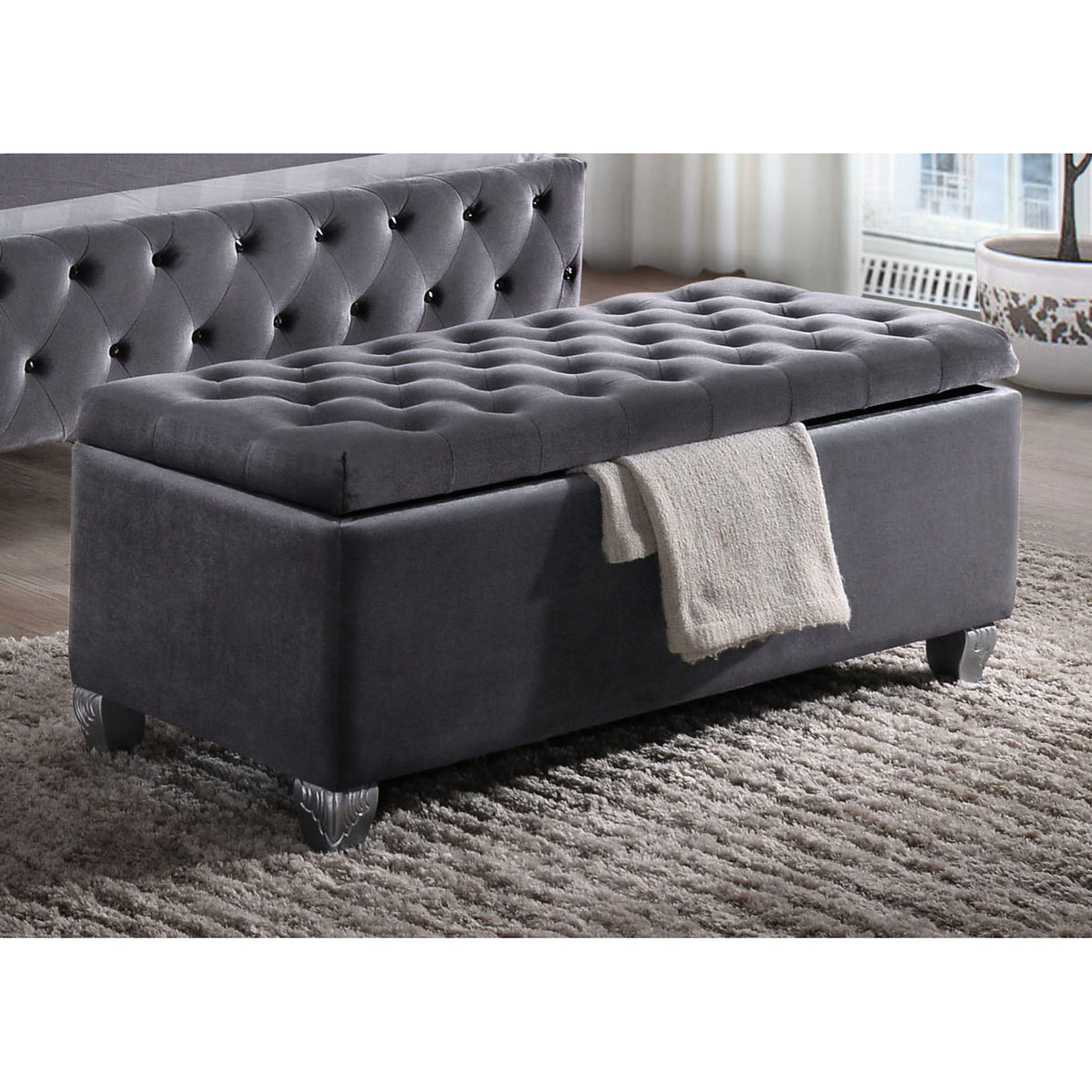 Grey Velvet Appearance + Hidden Storage Space - Bedroom Charm + Organized Belongings