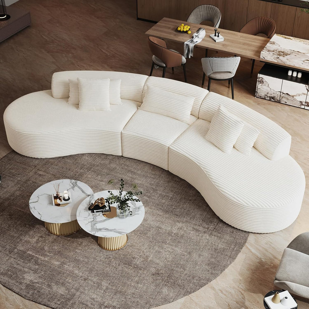 122" Half Moon Oversized Curved Cloud Sectional Sofa, Extra Deep Wide Seat Living Room Couch, Thickened Flannel, 35D High-Resilience Foam, Includes 2 Throw Pillows & 3 Lumbar Pillows（White） (Beige)