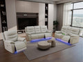 Living Room Furniture Set,3Pcs Power Recliner Sofa Light Grey Breathing Leather Sofa Loveseat and Chair with 5 Recliner Seats/Storage Console/Cup Holder/Led Light/Usb Port for Apartment,Office