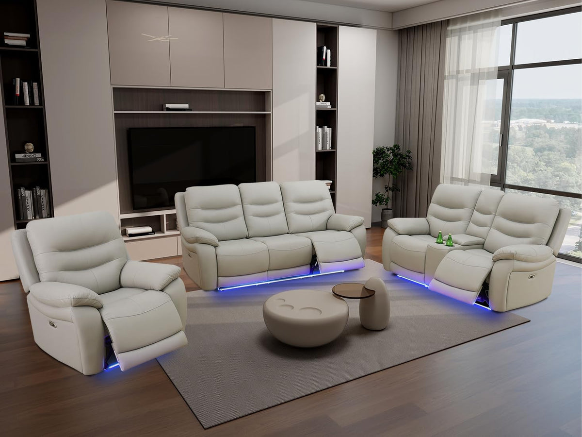Living Room Furniture Set,3Pcs Power Recliner Sofa Light Grey Breathing Leather Sofa Loveseat and Chair with 5 Recliner Seats/Storage Console/Cup Holder/Led Light/Usb Port for Apartment,Office