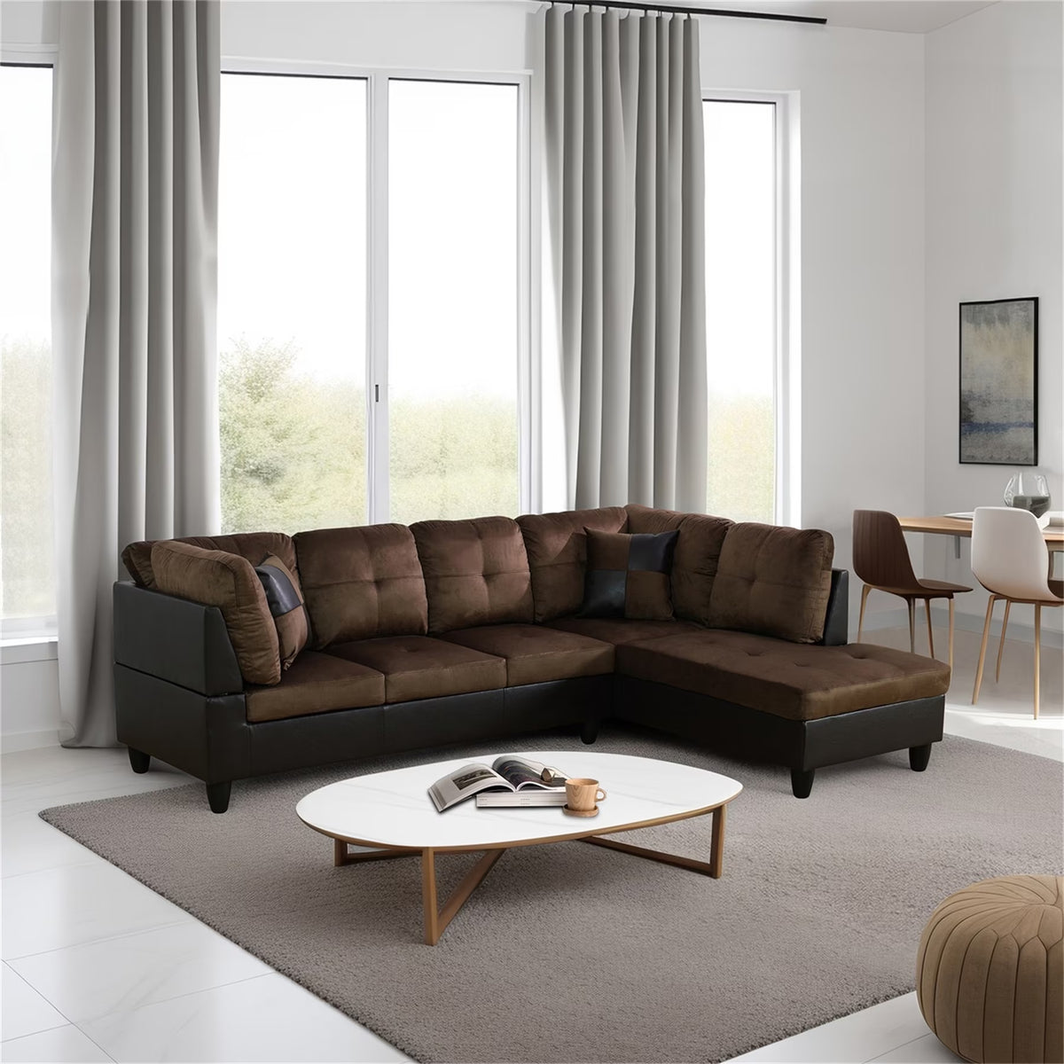 Lint & PVC L-Shaped Sectional Couch and Sofa Set, Modern Living Room Furniture Set, Right Side, Brown