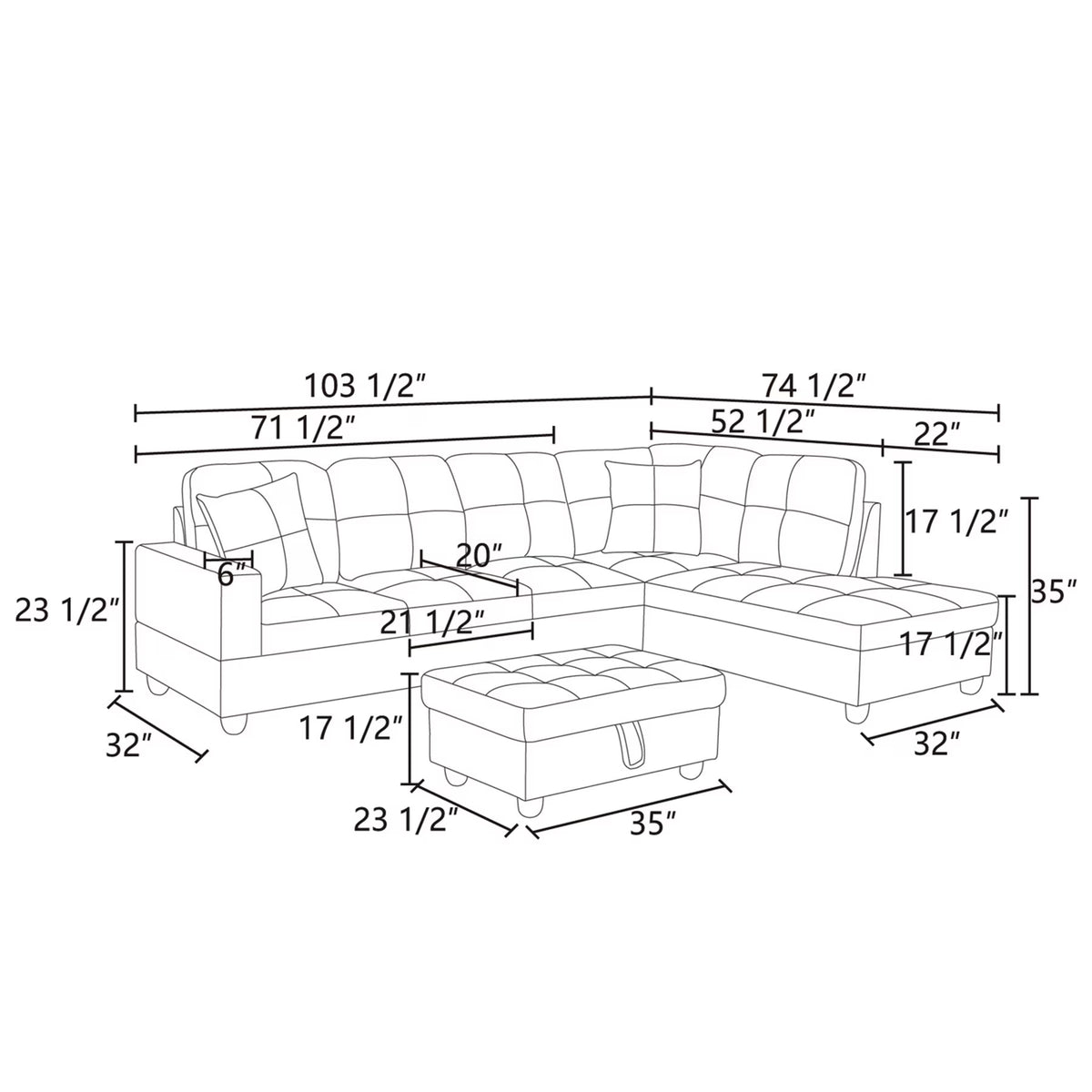 Lint & PVC L-Shaped Sectional Couch and Sofa Set, Modern Living Room Furniture Set, Right Side, Brown