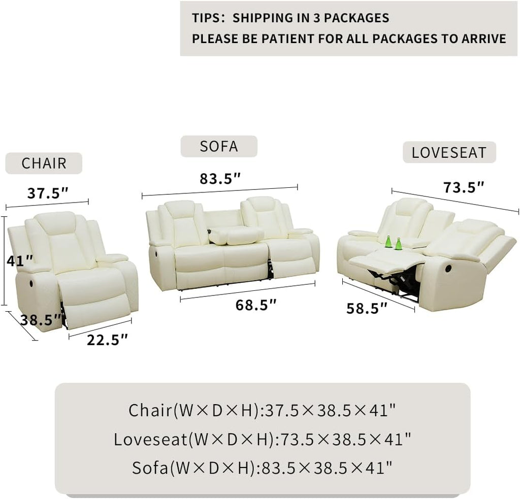 Living Room Sofa Sets, Breathing Leather Power Recliner Sofa with LED Light, Power Reclining Loveseat with 2 Recliner Seats/Cup Holders/Storage Console for Living Room(Vanilla White)