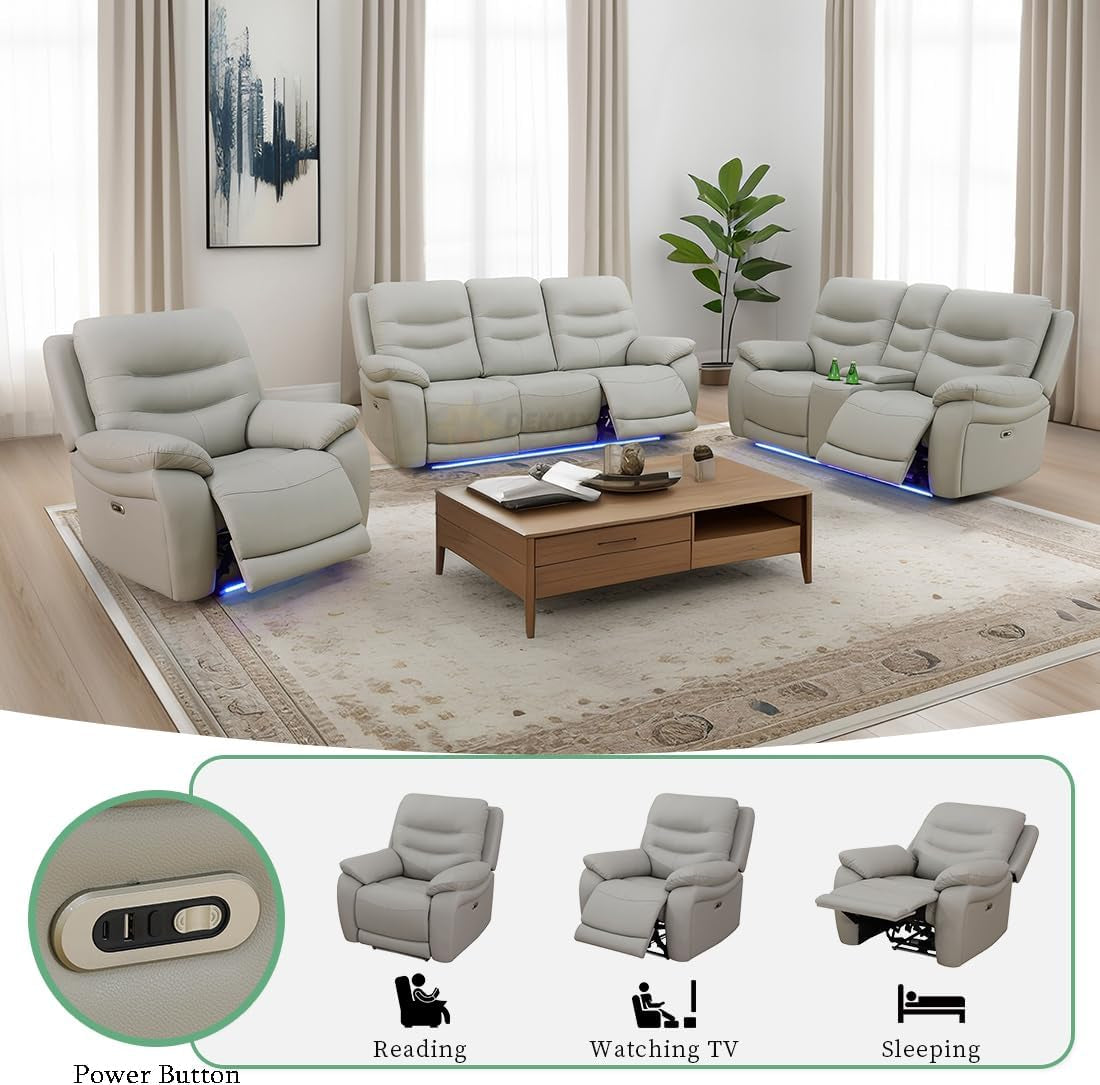 Living Room Furniture Set,3Pcs Power Recliner Sofa Light Grey Breathing Leather Sofa Loveseat and Chair with 5 Recliner Seats/Storage Console/Cup Holder/Led Light/Usb Port for Apartment,Office