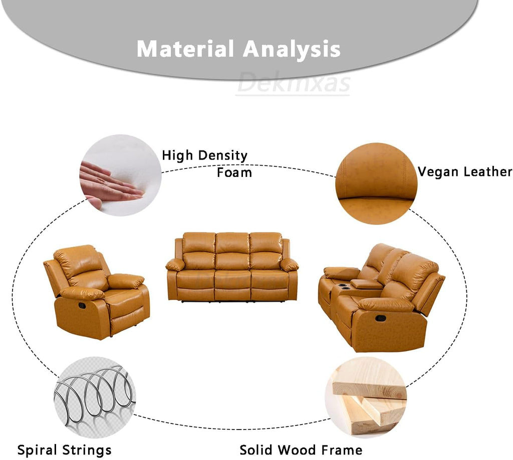 Manual Recliner Sofa Set Vegan Leather Reclining Sofa Set Living Room Furniture Sets Loveseat Couch Chair Set with Cup Holders/Storage Console/Drop down Table for Home/Office (Ginger,3Pcs Set)