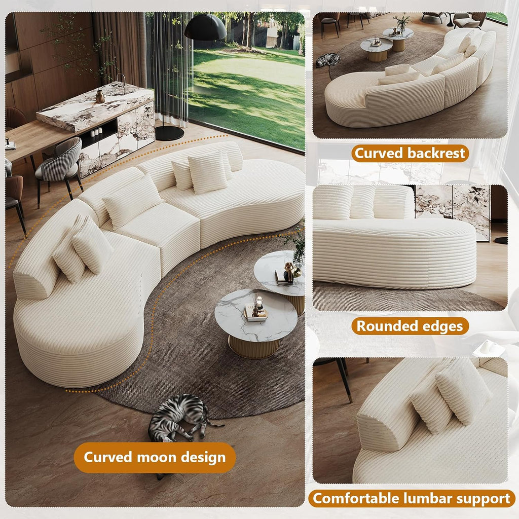 122" Half Moon Oversized Curved Cloud Sectional Sofa, Extra Deep Wide Seat Living Room Couch, Thickened Flannel, 35D High-Resilience Foam, Includes 2 Throw Pillows & 3 Lumbar Pillows（White） (Beige)