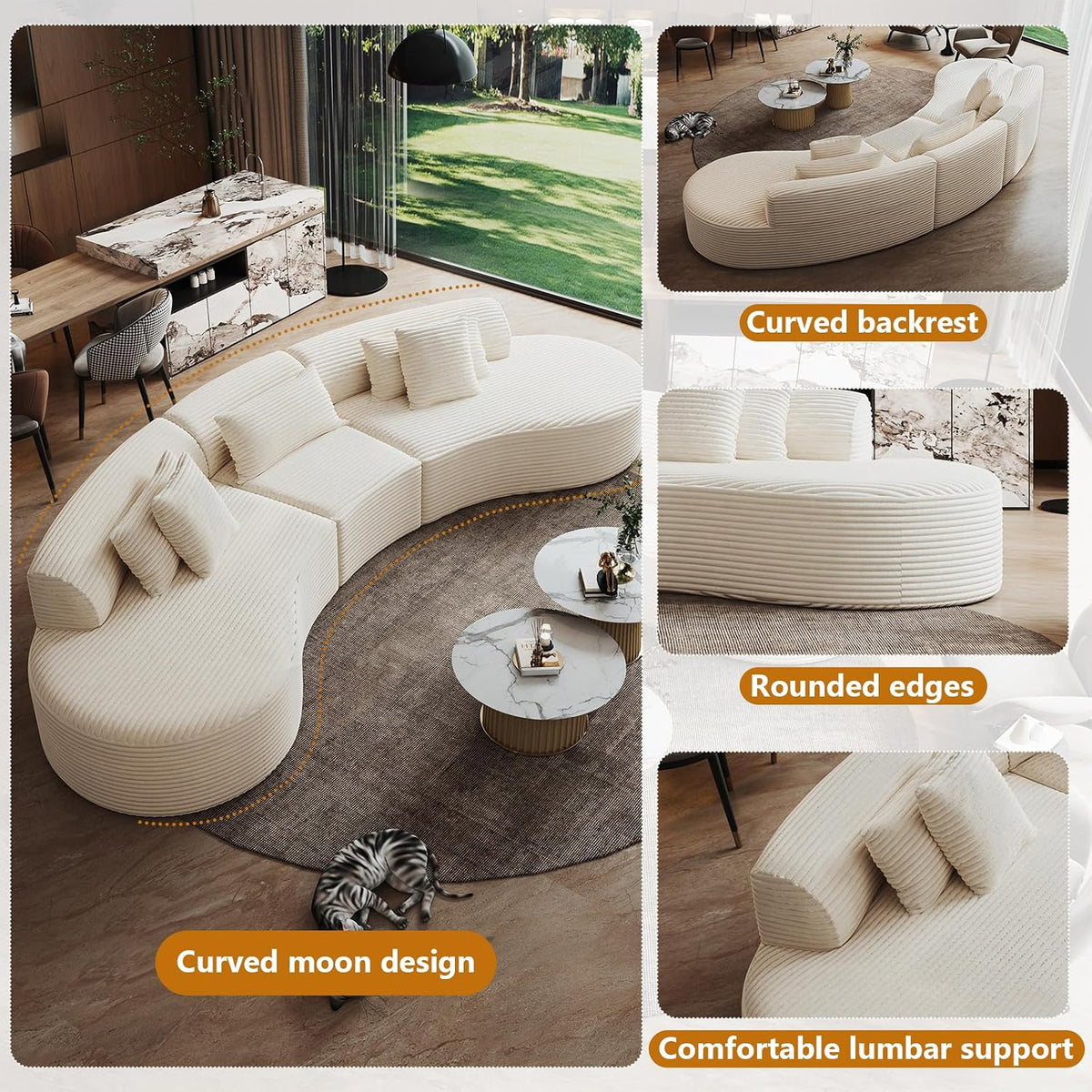 122" Half Moon Oversized Curved Cloud Sectional Sofa, Extra Deep Wide Seat Living Room Couch, Thickened Flannel, 35D High-Resilience Foam, Includes 2 Throw Pillows & 3 Lumbar Pillows（White） (Beige)