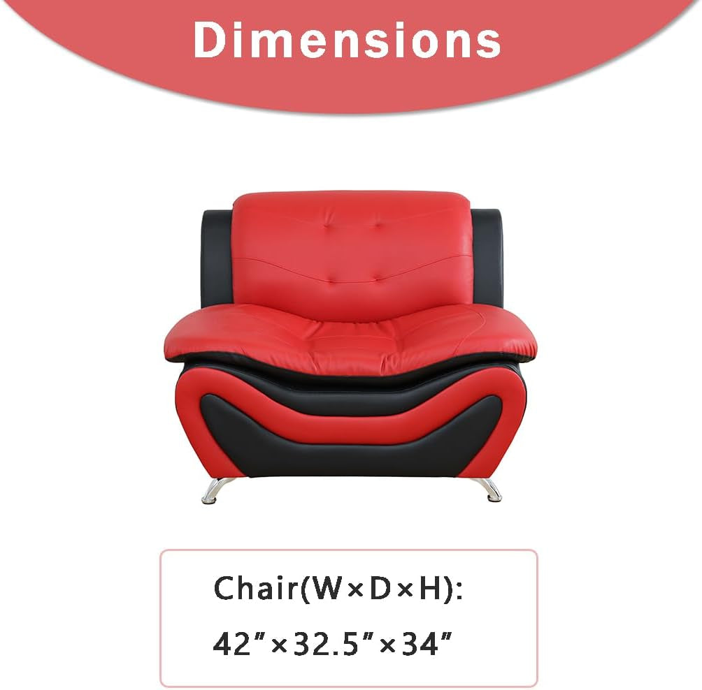 Leather Couches for Living Room, Living Room Couch Set, Sofa for Bedroom, Apartment, Living Room Furniture Sets (A-Leather Black&Red, Chair)