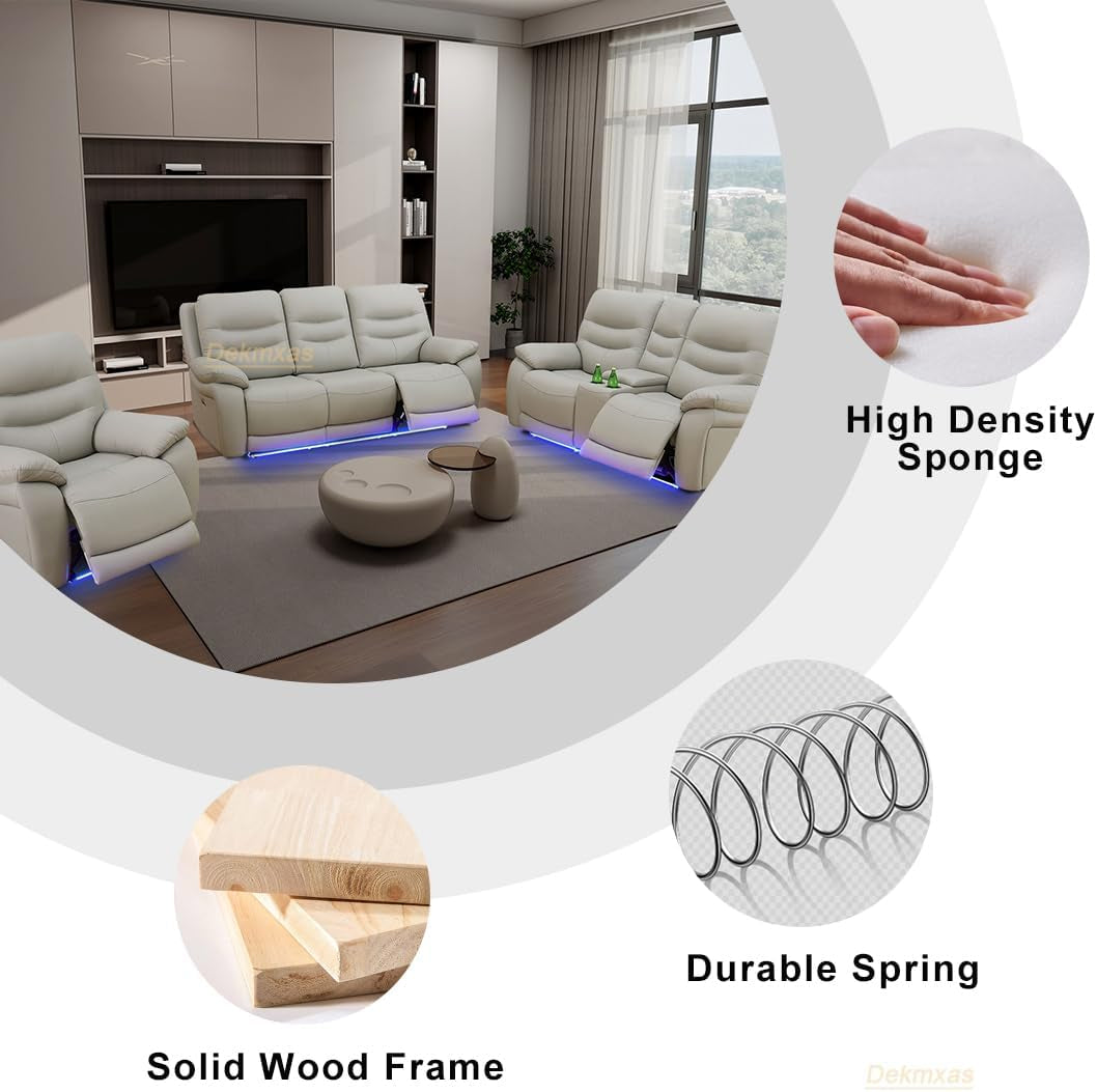 Living Room Furniture Set,3Pcs Power Recliner Sofa Light Grey Breathing Leather Sofa Loveseat and Chair with 5 Recliner Seats/Storage Console/Cup Holder/Led Light/Usb Port for Apartment,Office