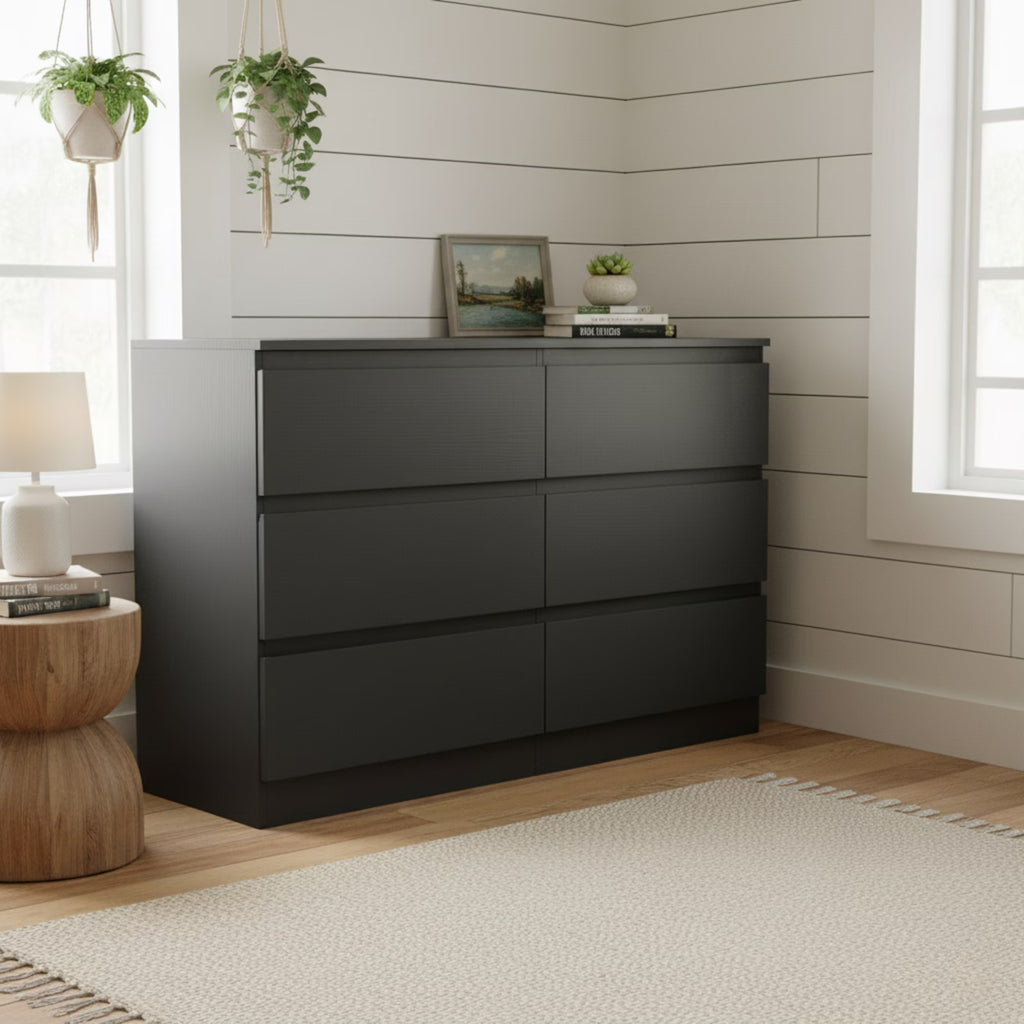 6 Drawer Black Accent Cabinet, Push to Open Dresser for Bedroom Living Room