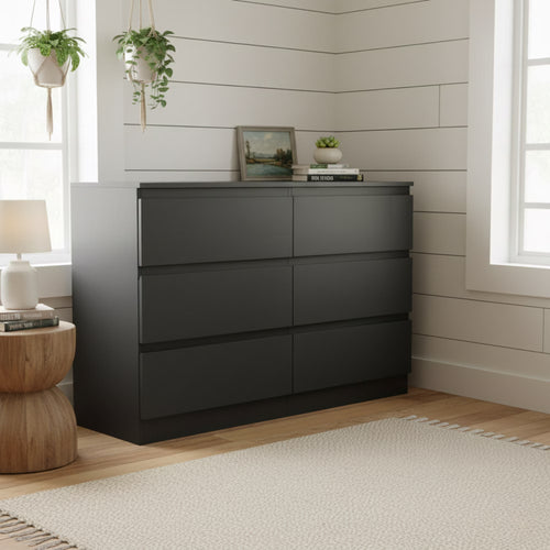 6 Drawer Black Accent Cabinet, Push to Open Dresser for Bedroom Living Room