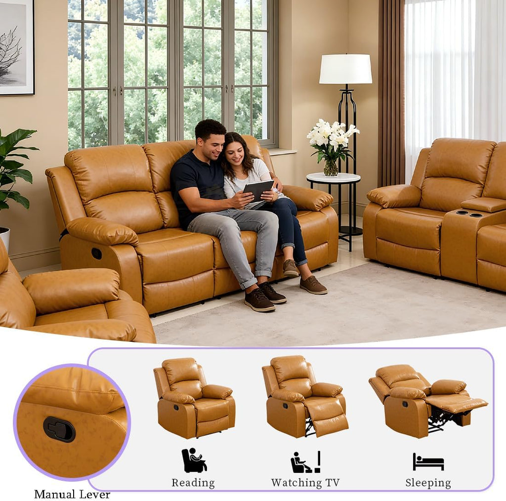 Manual Recliner Sofa Set Vegan Leather Reclining Sofa Set Living Room Furniture Sets Loveseat Couch Chair Set with Cup Holders/Storage Console/Drop down Table for Home/Office (Ginger,3Pcs Set)