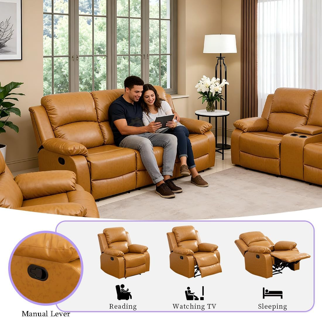 Manual Recliner Sofa Set Vegan Leather Reclining Sofa Set Living Room Furniture Sets Loveseat Couch Chair Set with Cup Holders/Storage Console/Drop down Table for Home/Office (Ginger,3Pcs Set)