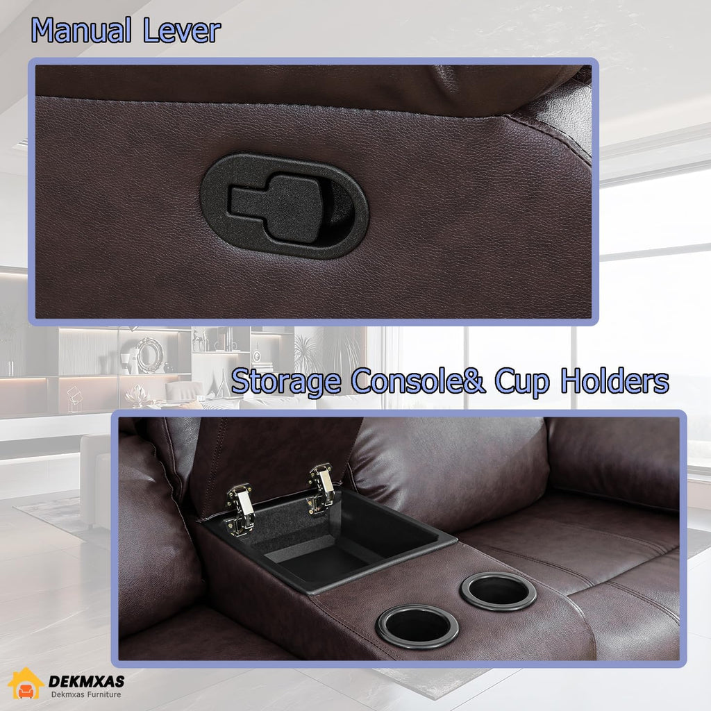 3PCS Recliner Sofa Set Vegan Leather Reclining Couch Set  Living Room Furniture Sets Manual Reclining Sofa Set with Cup Holders/Storage Console/Flip down Table for Home/Office (Brown, 3PCS Set)