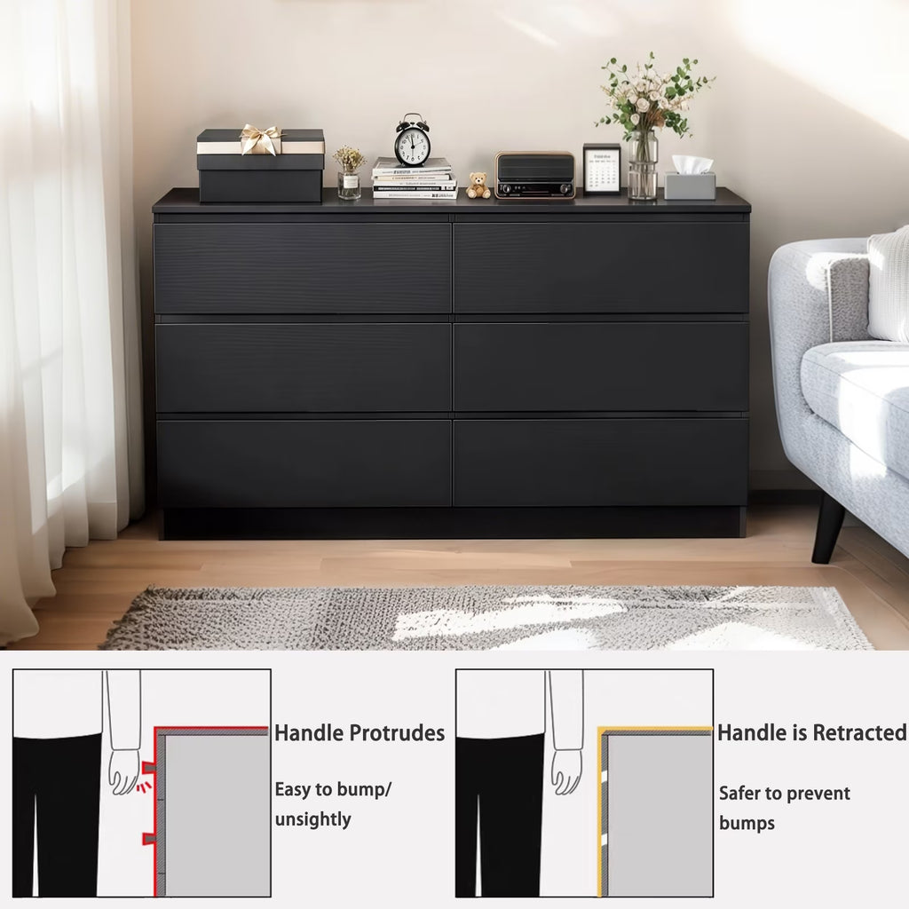 6 Drawer Black Accent Cabinet, Push to Open Dresser for Bedroom Living Room