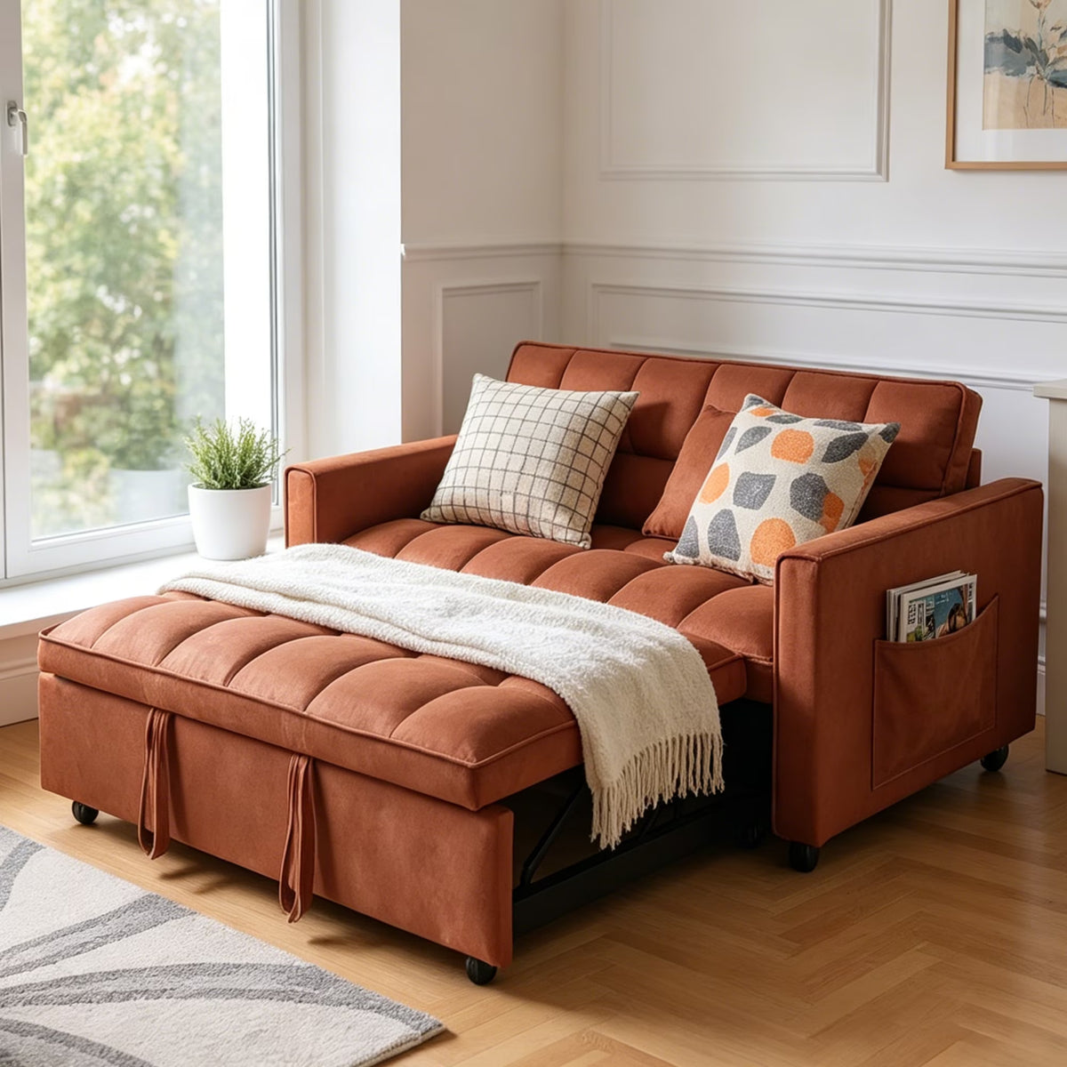 51.1 Inch Convertible Sofa Bed,Velvet Loveseat Sofa with Foldable Sofa Bed,Sleeper Sofa for Living Room or Office,Futon Sofa with Adjustable Backrest.Caramel Color