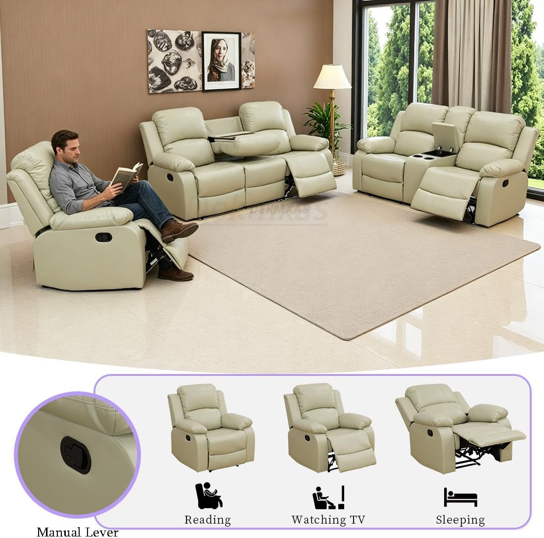 Manual Reclining Sofa Modern Recliner Sofa Couch 3 Seater Leather Reclining Sofa Living Room Furniture Couch with Cup Holders & Flip-Down Table for Home/Office/Rv Car (Beige, 3 Seater Sofa)