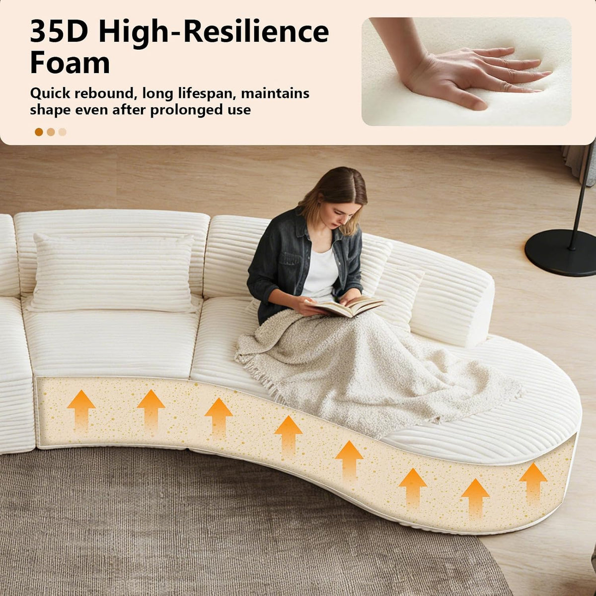 122" Half Moon Oversized Curved Cloud Sectional Sofa, Extra Deep Wide Seat Living Room Couch, Thickened Flannel, 35D High-Resilience Foam, Includes 2 Throw Pillows & 3 Lumbar Pillows（White） (Beige)