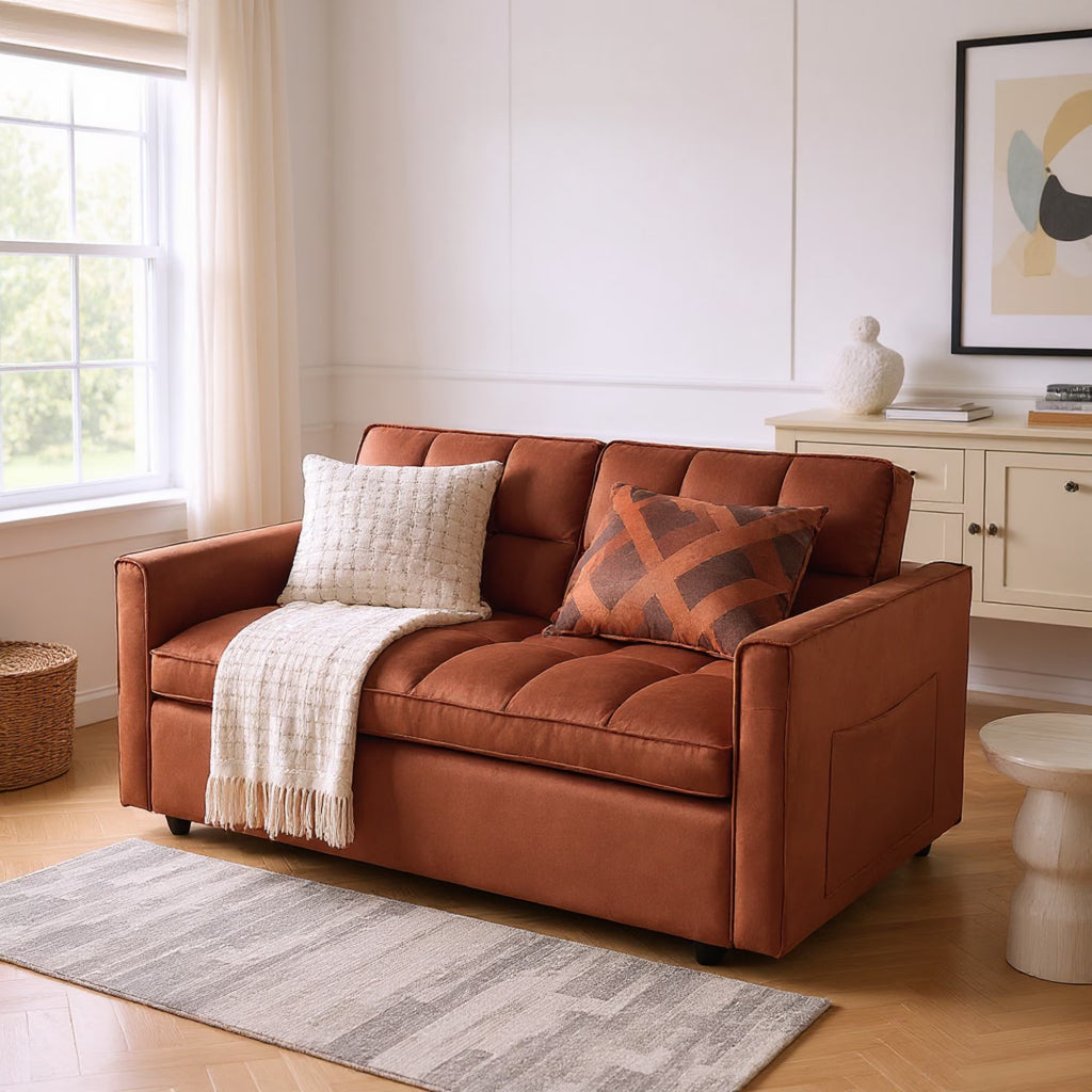 51.1 Inch Convertible Sofa Bed,Velvet Loveseat Sofa with Foldable Sofa Bed,Sleeper Sofa for Living Room or Office,Futon Sofa with Adjustable Backrest.Caramel Color