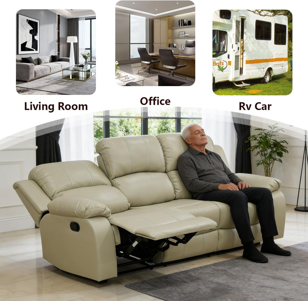 Manual Reclining Sofa Modern Recliner Sofa Couch 3 Seater Leather Reclining Sofa Living Room Furniture Couch with Cup Holders & Flip-Down Table for Home/Office/Rv Car (Beige, 3 Seater Sofa)