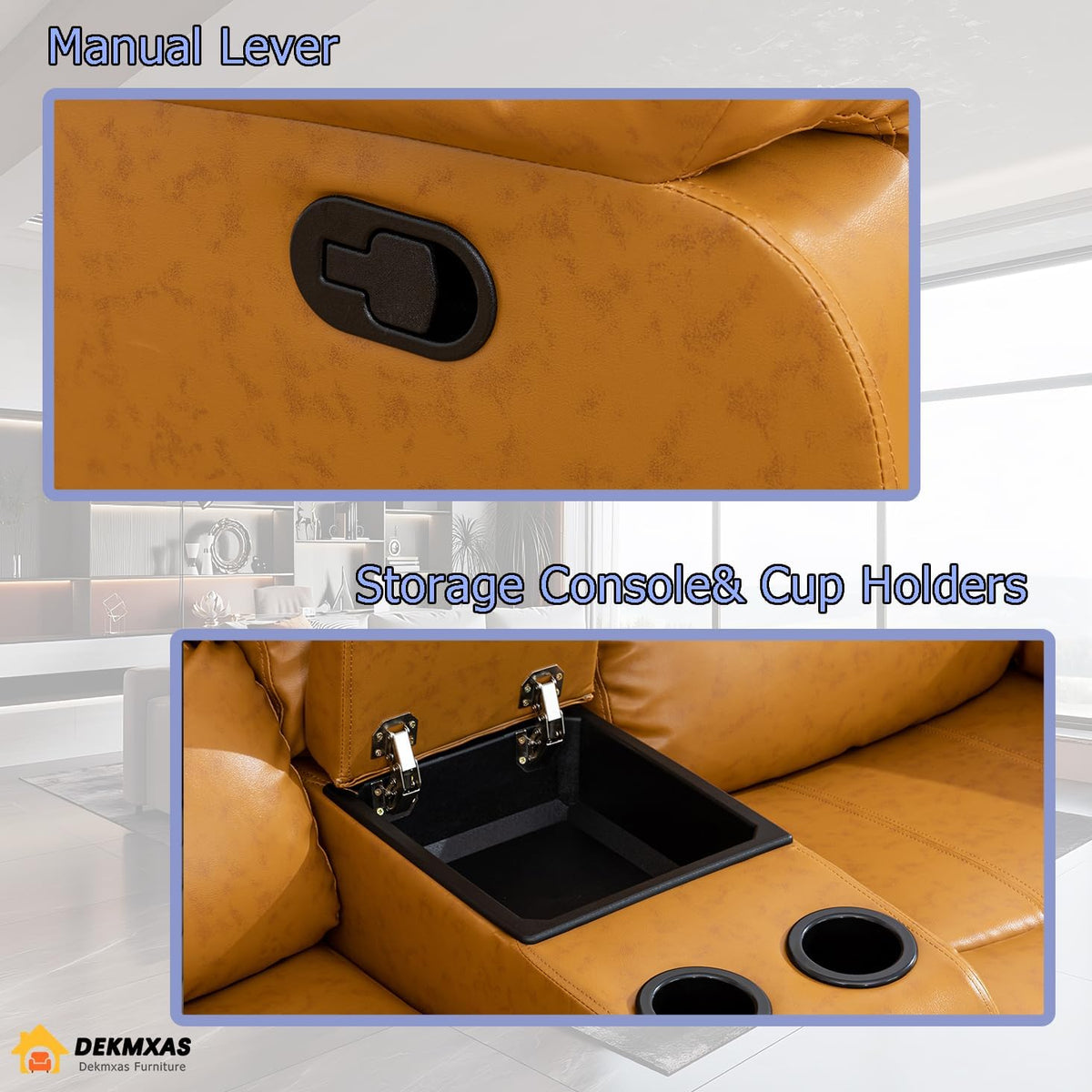 Manual Recliner Sofa Set Vegan Leather Reclining Sofa Set Living Room Furniture Sets Loveseat Couch Chair Set with Cup Holders/Storage Console/Drop down Table for Home/Office (Ginger,3Pcs Set)